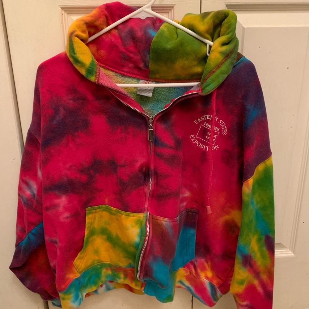 Multi tie dye hooded zip up big e jacket